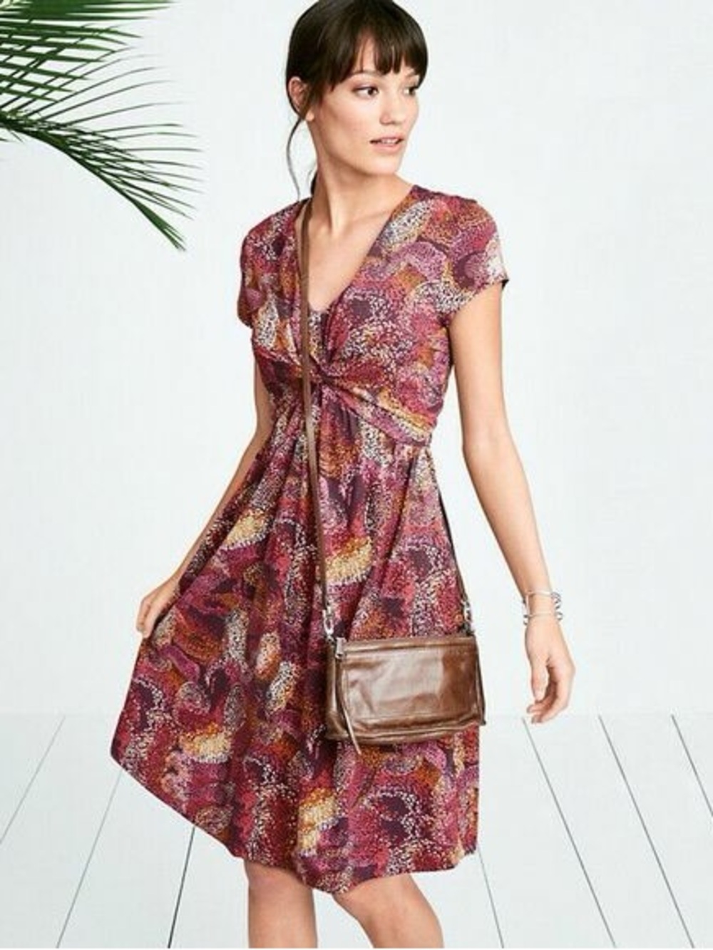 Garnet Hill Short-Sleeve V-Neck Printed Dress in Burgundy, Gold and Pink